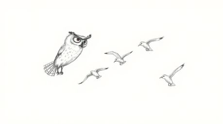 A Pixar-esque hand-drawn sketch depicts a blind owl with subtly detailed features, teaching a flock of birds a synchronized a
