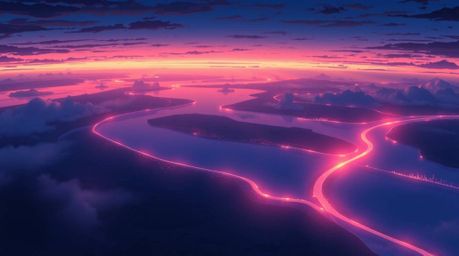 An Isekai anime style depiction of a river delta bathed in the mesmerizing hues of twilight. The expressive composition featu