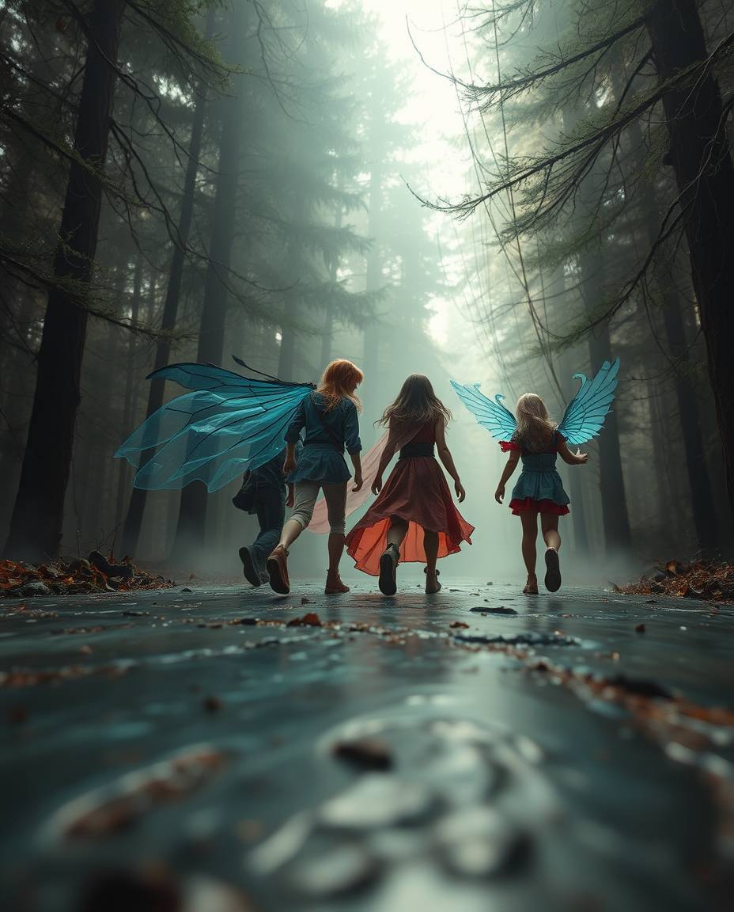 A captivating image depicting a group of friends with unique abilities venturing into a mystical forest.  The scene is render