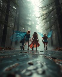 A captivating image depicting a group of friends with unique abilities venturing into a mystical forest. The scene is render