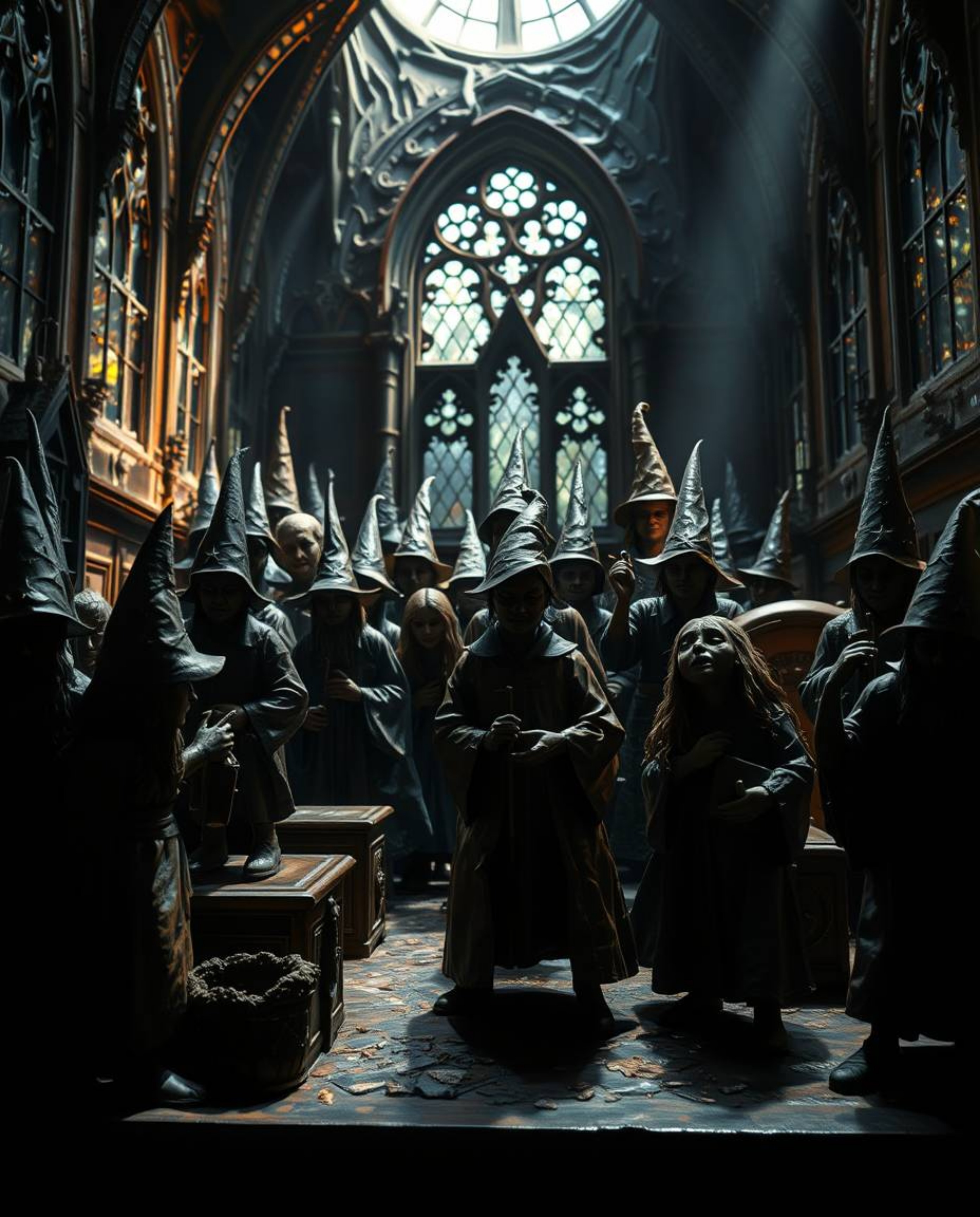 This cast bronze sculpture depicts a magical school teeming with young wizards, masterfully employing the chiaroscuro techniq