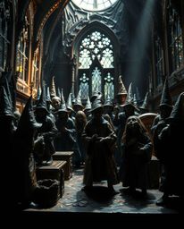 This cast bronze sculpture depicts a magical school teeming with young wizards, masterfully employing the chiaroscuro techniq