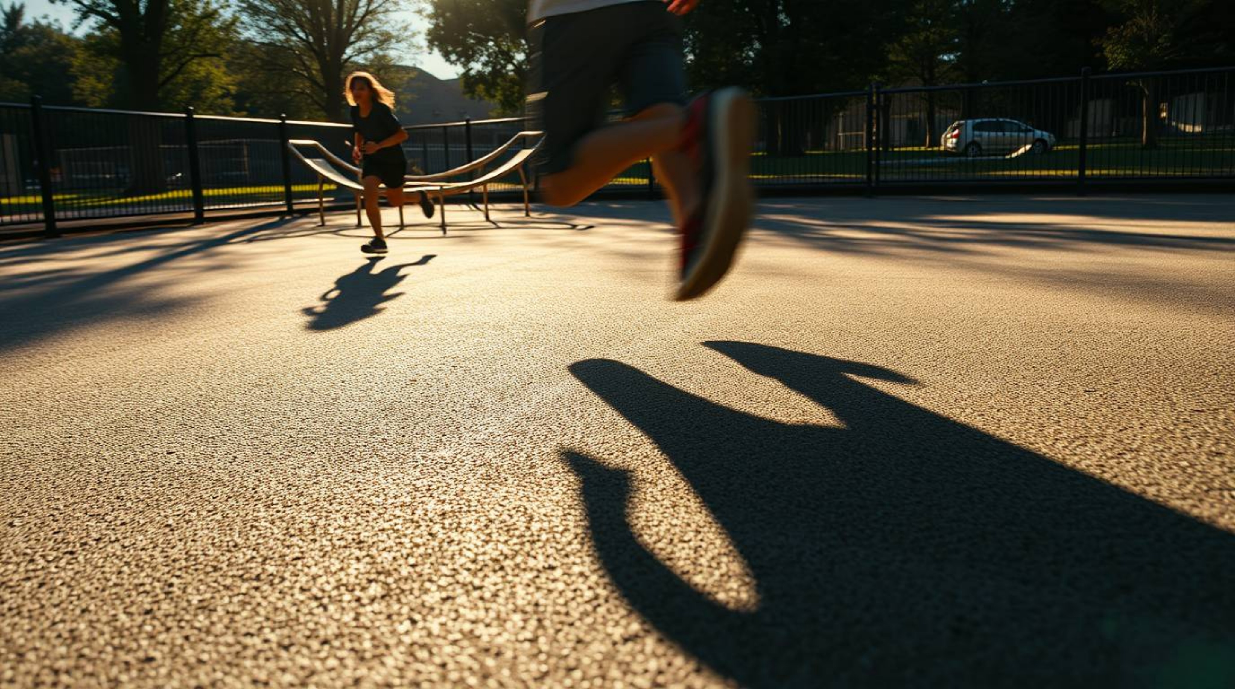 A captivating slow-motion visual depicting a run through a playground, rendered with strong, hard light highlighting a bronze