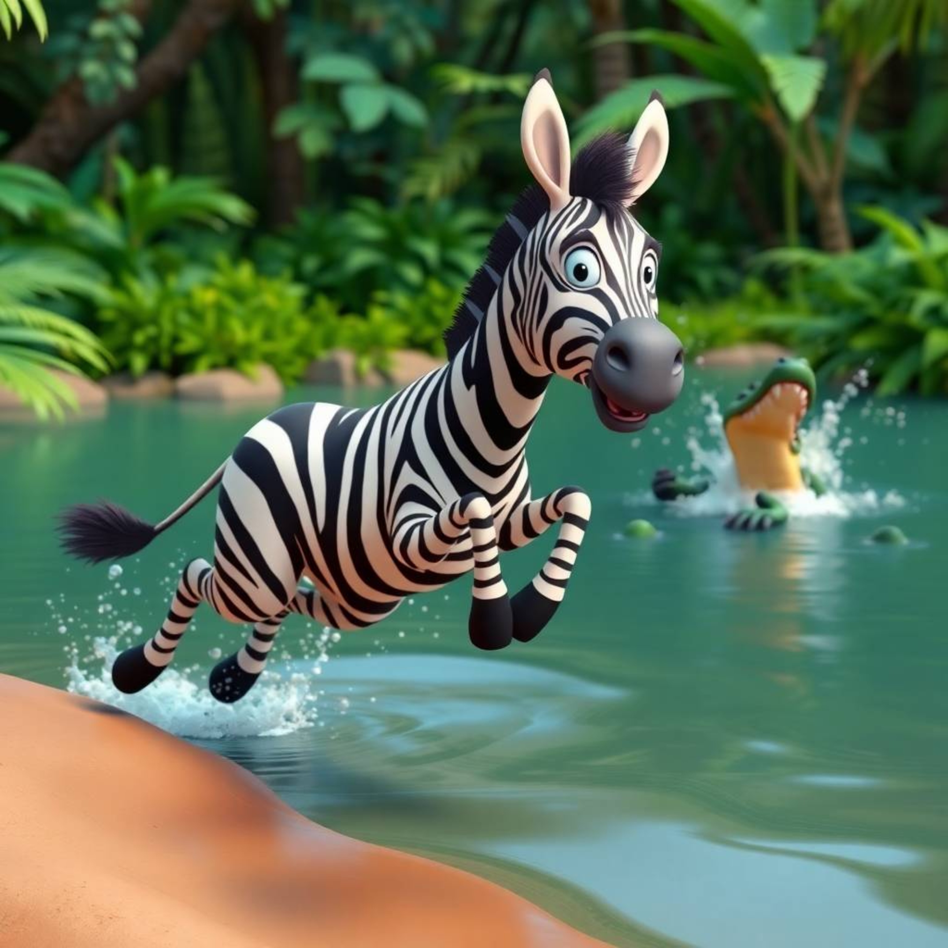 A rich, deep teal palette sets the stage for a vibrant jungle scene. A 3D cartoon zebra, rendered in a playful Pixar style, l