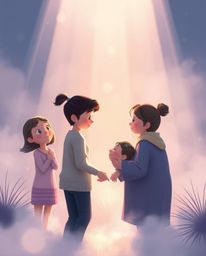 Experience a heartwarming family reunion visualized in a captivating Pixar-style illustration.  Bathed in gentle light beams 