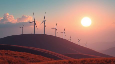 An epic, large-scale image depicting a breathtaking sunset behind a row of wind turbines perched atop a hill. Rendered in sof