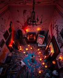 Immerse yourself in a room consumed by a vibrant paint explosion, captured from a captivating high-angle perspective. Warm ca