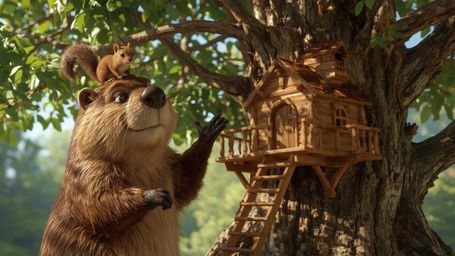 A high-resolution, professionally photographed, commercial-quality image of a beaver in a whimsical, Pixar-inspired setting, 