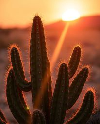 A graceful and elegant desert cactus glows in the last rays of the sun, exhibiting refined features. The scene is beautifully