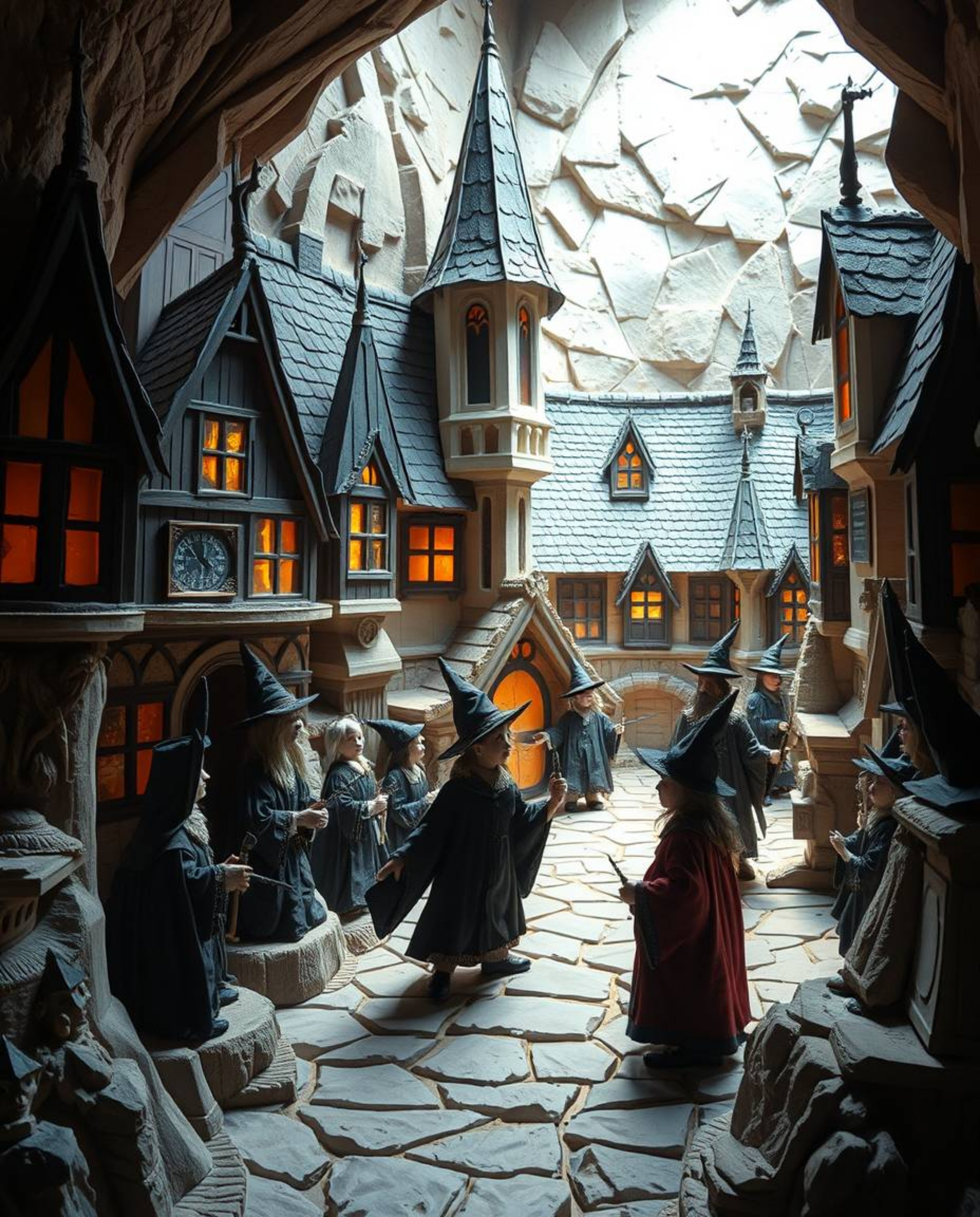 Explore a whimsical world within a magical school crafted from layered papier-mâché, home to young wizards and showcasing hig