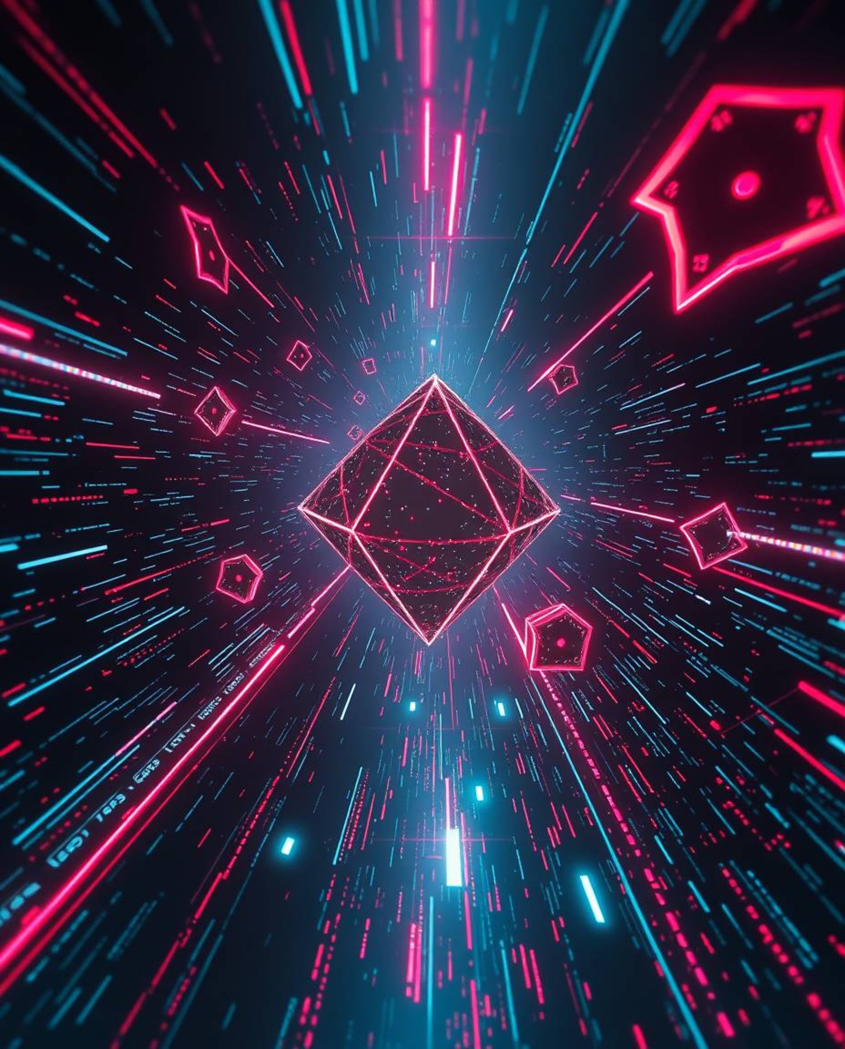 Explore a captivating high-angle perspective showcasing glitched geometric shapes floating in cyberspace.  This image evokes 