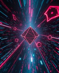 Explore a captivating high-angle perspective showcasing glitched geometric shapes floating in cyberspace.  This image evokes 