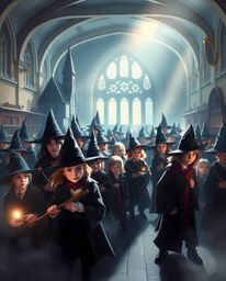Discover a captivating image of a magical school brimming with young wizards.  The scene is rendered with gentle, soft light,