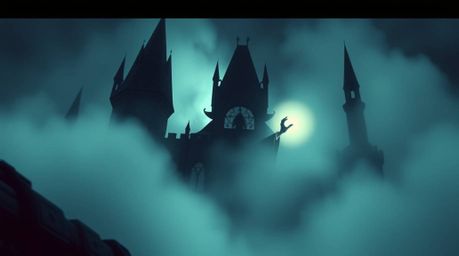 An eerie, creepy atmosphere fills the scene as thick fog obscures a classic Disney villain casting a spell within an old, imp