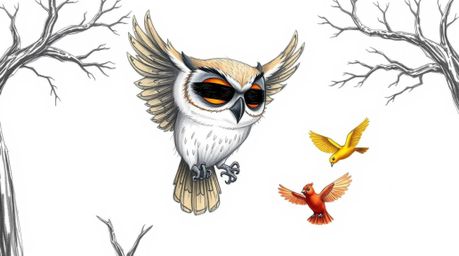 A captivating hand-drawn sketch depicts a blind, expressive owl, rendered in the style of Pixar, gracefully gliding through d