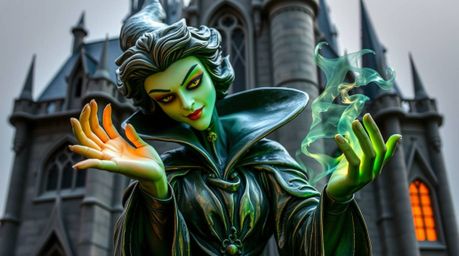 A captivating cast bronze sculpture depicts a classic Disney villain with elegant features and pale skin, casting a spell wit