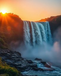 A dramatic cinematic style image in bright, vibrant colors, depicting a sun setting behind a dramatic waterfall. The composit
