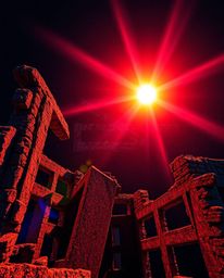 An overhead bird’s-eye view of a sunset casting shadows through ancient stone ruins. Rendered in electric vivid colors, this 