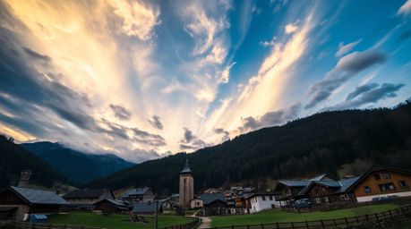 A captivating low-angle perspective showcasing a cozy village nestled in a valley, drawing the eye upward to a dramatic and c