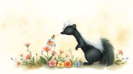 This artwork features a delicate watercolor painting of a cartoon skunk playfully spraying perfume on flowers amidst a thick,