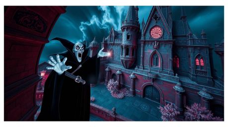 A captivating high-angle shot reveals a classic Disney villain casting a spell within the ancient walls of a castle. The ima