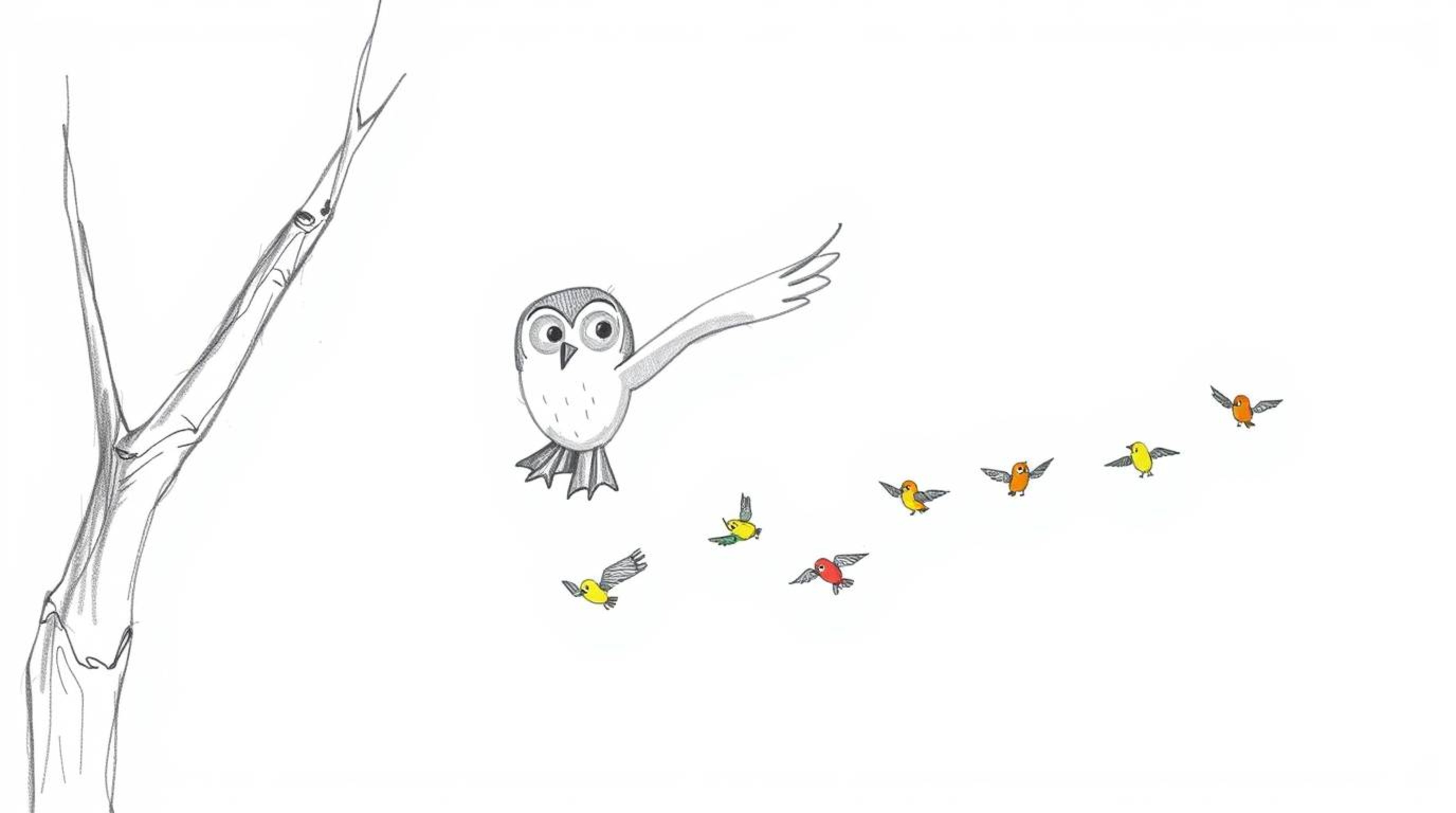 A heartwarming hand-drawn sketch in the style of Pixar depicts a blind owl gracefully gliding between trees, demonstrating fl