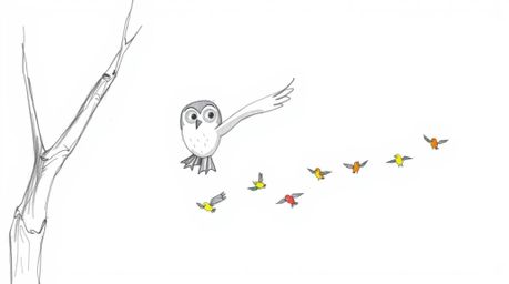 A heartwarming hand-drawn sketch in the style of Pixar depicts a blind owl gracefully gliding between trees, demonstrating fl