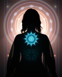 Explore the mesmerizing intersection of technology and spirituality with this stunning artwork. Silhouetted backlighting crea