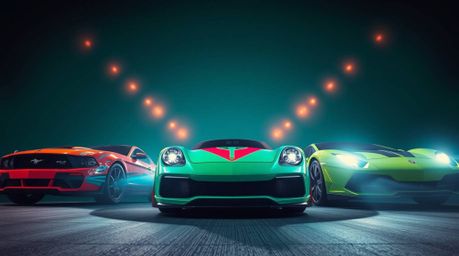 Experience a vibrant and outlandish racing scene captured from a captivating low-angle perspective. Luxurious and colorful ca
