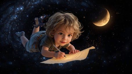 Immerse yourself in cosmic wonder with this vibrant, cinematic photograph reminiscent of Pixar's whimsical style. A young chi