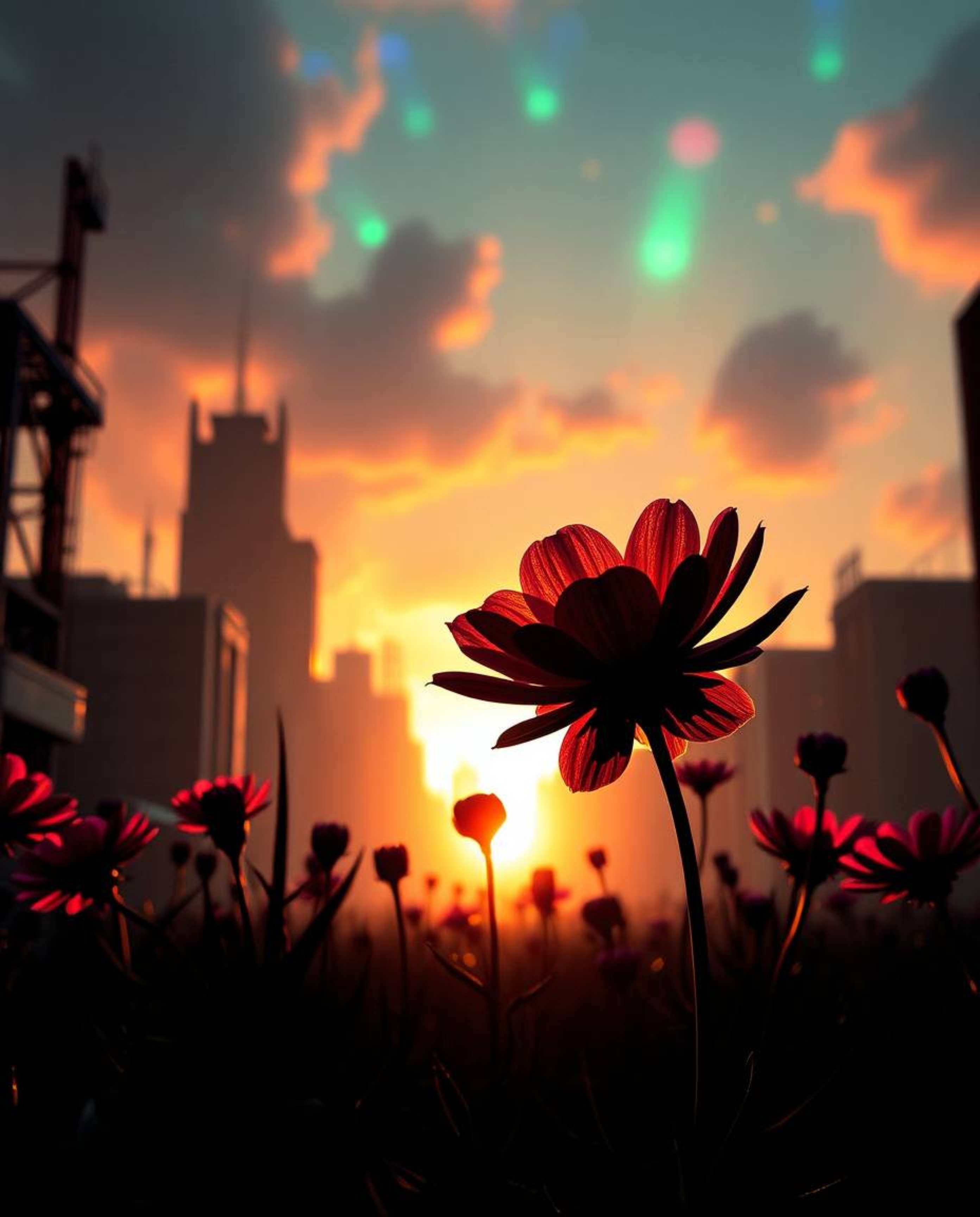 Stunning imagery of iridescent flowers silhouetted against a post-apocalyptic city backdrop.  Backlighting enhances the vibra