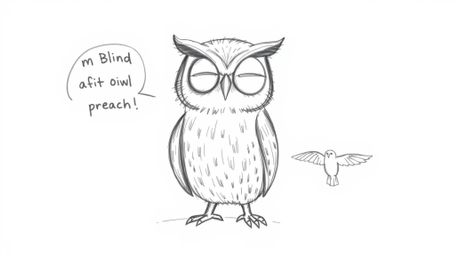 A charming hand-drawn sketch in the style of Pixar depicts a wise, albeit blind, owl with textured pencil strokes patiently t