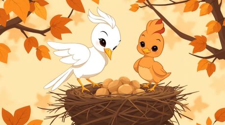 Two graceful and elegant cartoon birds are diligently building a nest in a classic animation style, beautifully rendered in w