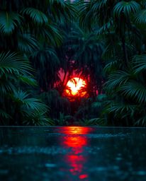 A wet, rainy scene captures a sunset through a dense jungle canopy. The image is dominated by rich, deep teal colors that cre