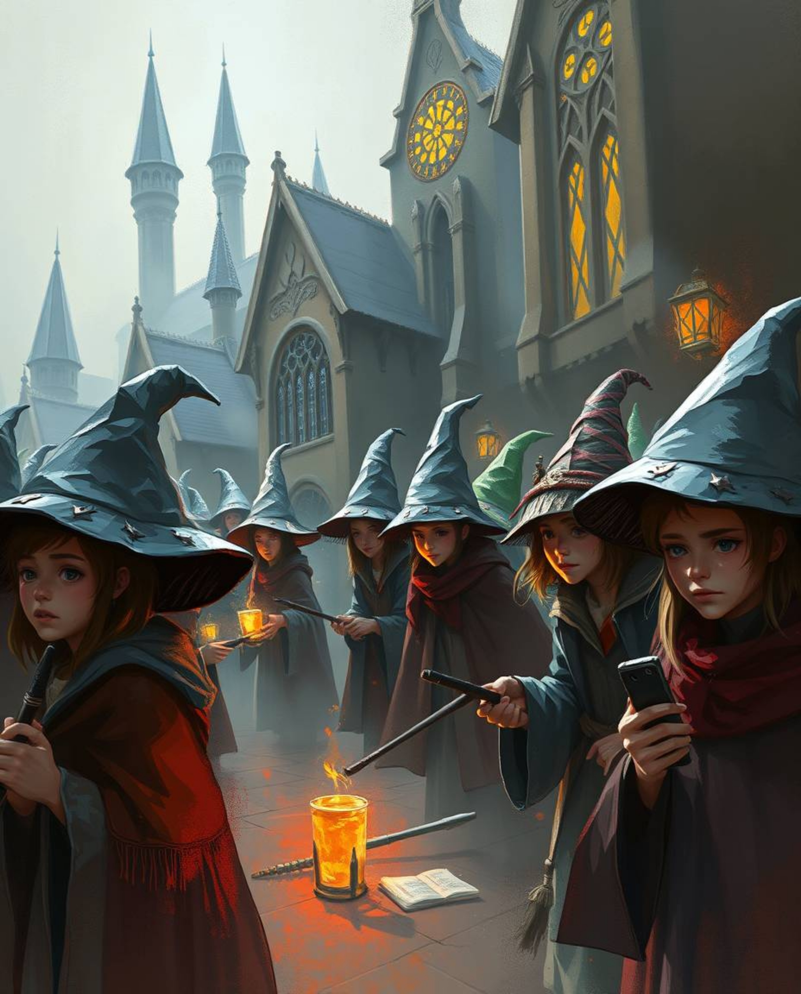 Explore a magical school teeming with young wizards, brought to life in an extreme macro close-up digital sketch. The artwork