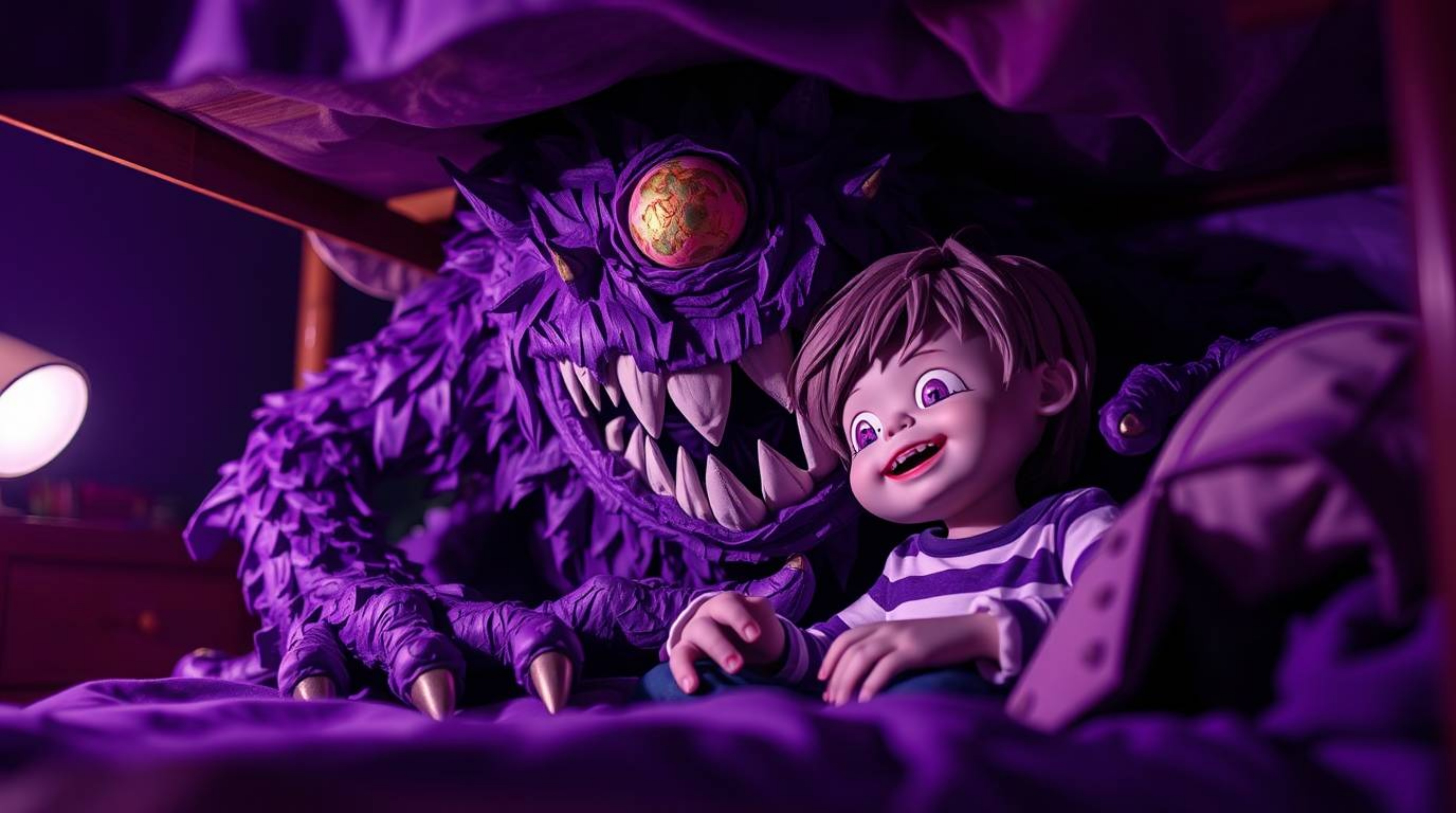 Explore a heartwarming tale of unlikely friendship as a deep ultraviolet, layered papier-mâché monster and a child forge a bo