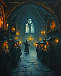 Immerse yourself in this moody oil painting of a magical school, teeming with young wizards and bathed in the warm, flickerin