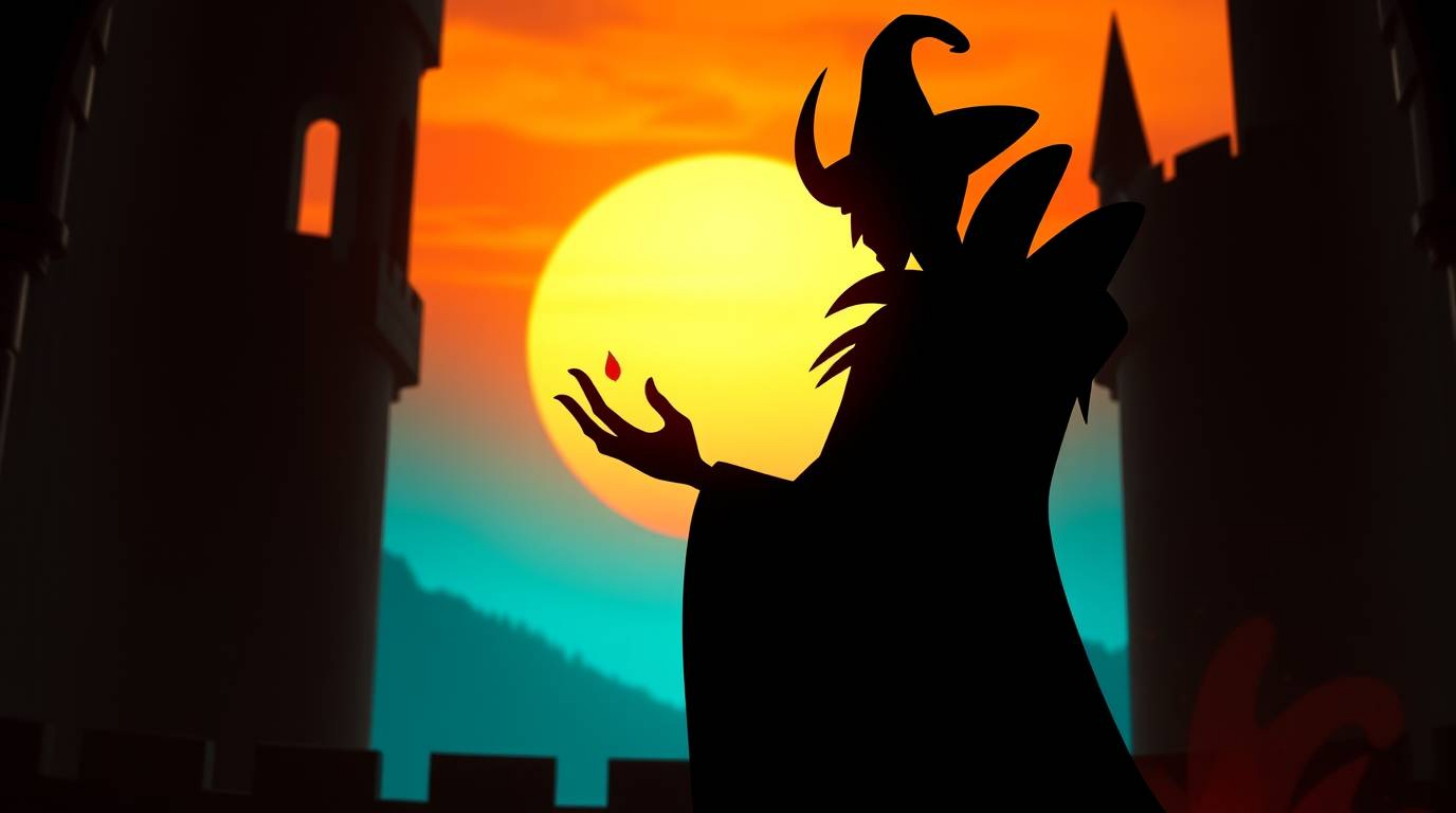 A classic Disney villain is silhouetted against a breathtaking terracotta and teal sunset, casting a spell within the ancient