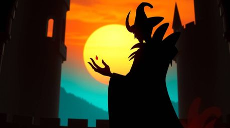 A classic Disney villain is silhouetted against a breathtaking terracotta and teal sunset, casting a spell within the ancient