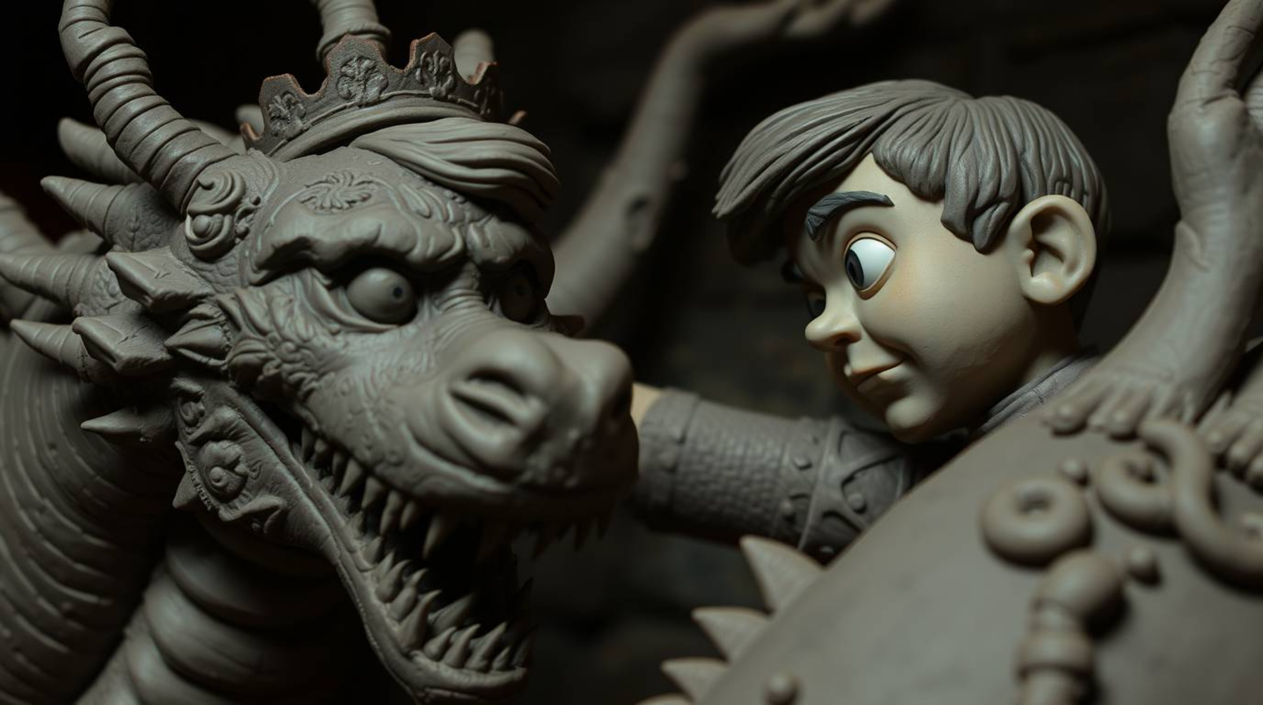 A captivating piece of 1950s animation-style sculptural clay art depicts a charming yet determined prince locked in battle wi