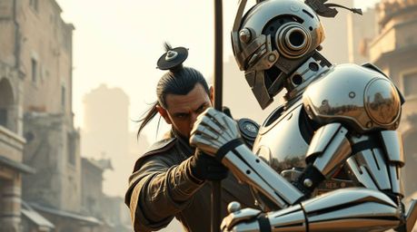 A weathered samurai confronts a sleek chrome robot in a crumbling, pastel-hued dystopian city.  The scene is bathed in gentle