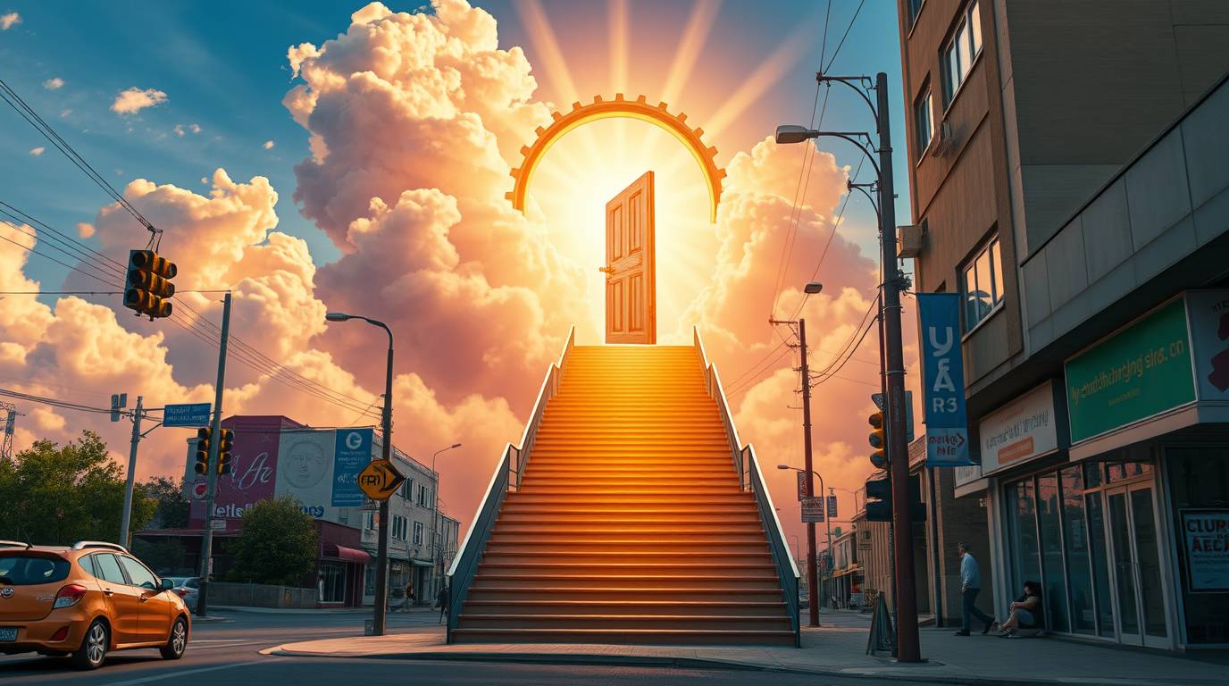This vibrant candid street photograph captures a moment of fantasy realism in an urban setting. A lively heavenly gate floats