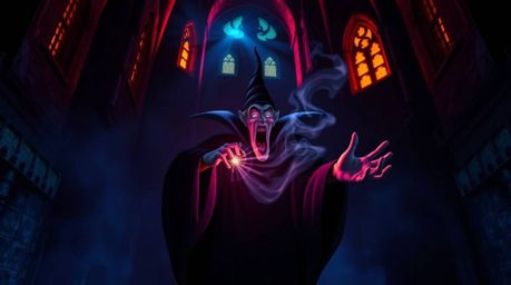 A classic Disney villain casts a powerful spell within the ancient walls of a crumbling castle. Intense jet black contrasts