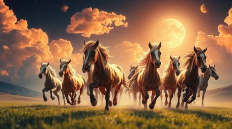 Discover a breathtaking scene of adorable wild horses galloping under a vibrant, glowing sky. This surreal artwork features c
