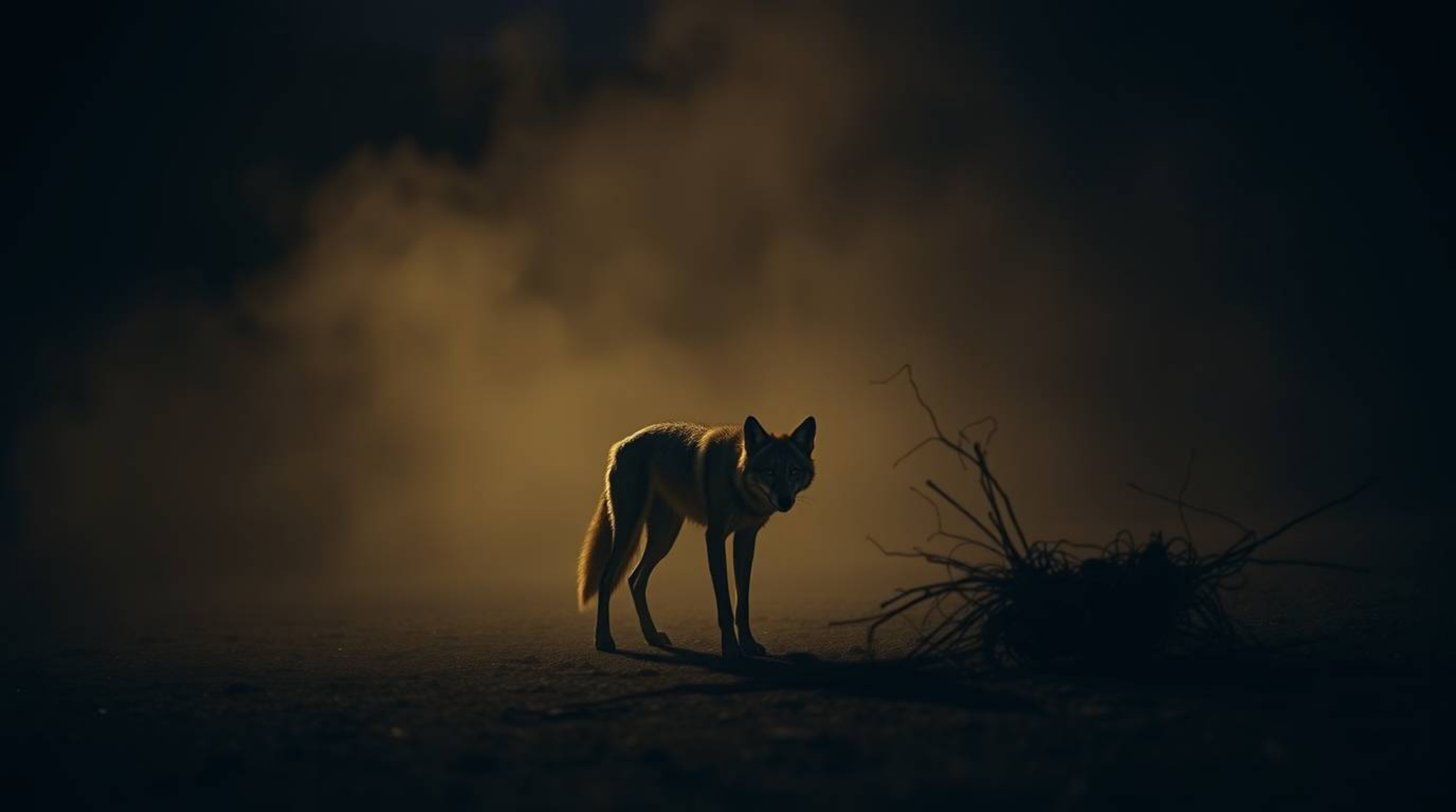 A coyote is depicted setting up a ridiculous trap in the desert, rendered with intense jet black and deep shadows. A soft cin