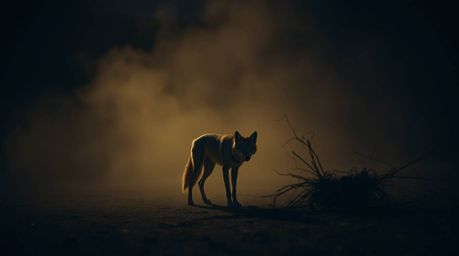 A coyote is depicted setting up a ridiculous trap in the desert, rendered with intense jet black and deep shadows. A soft cin