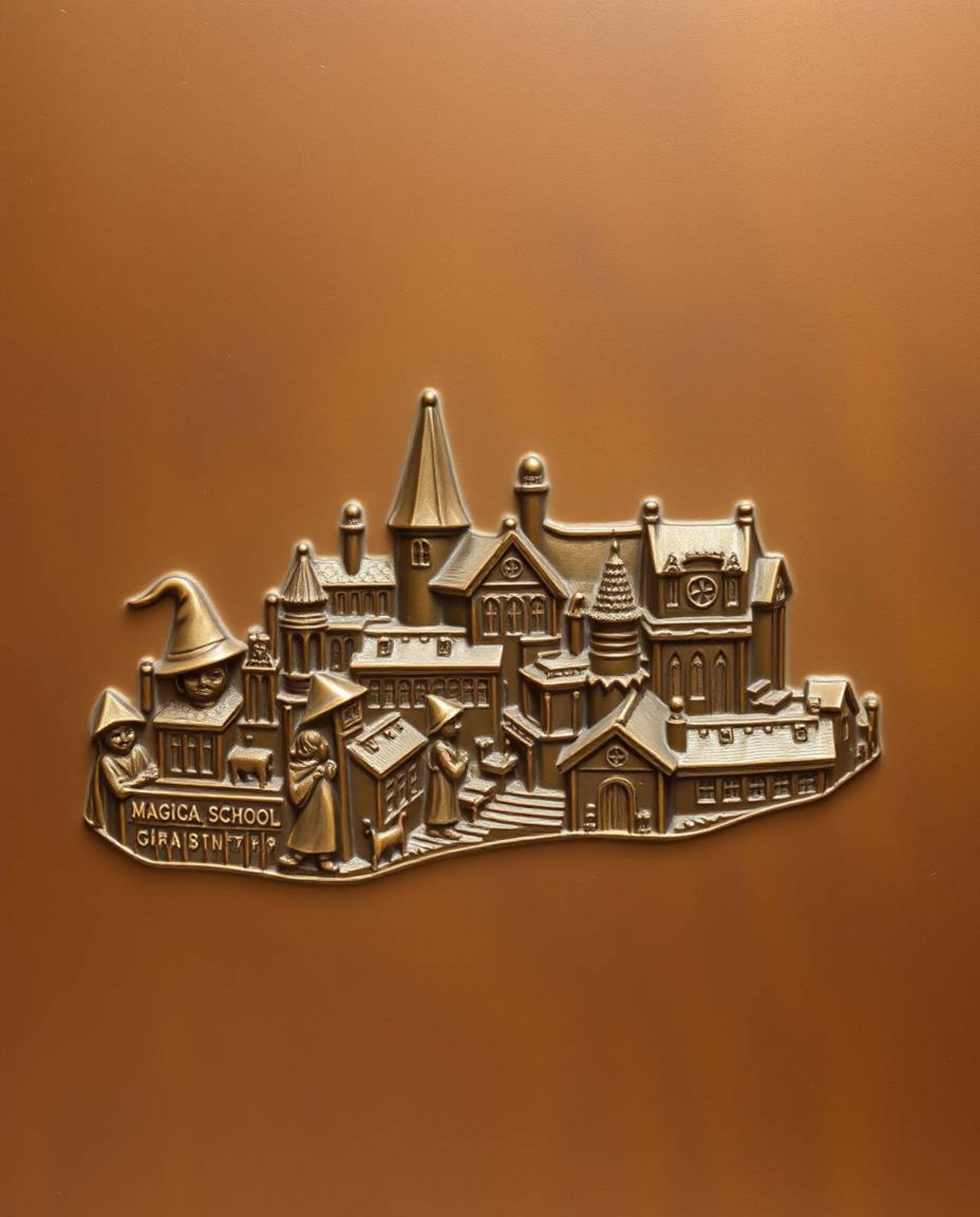 A stunning bronze artwork depicting a magical school teeming with young wizards, showcasing a smooth gradient transition and 