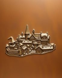A stunning bronze artwork depicting a magical school teeming with young wizards, showcasing a smooth gradient transition and 
