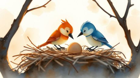 A delicate watercolor painting showcases two cartoon birds meticulously constructing a nest.  Rendered in a classic animation
