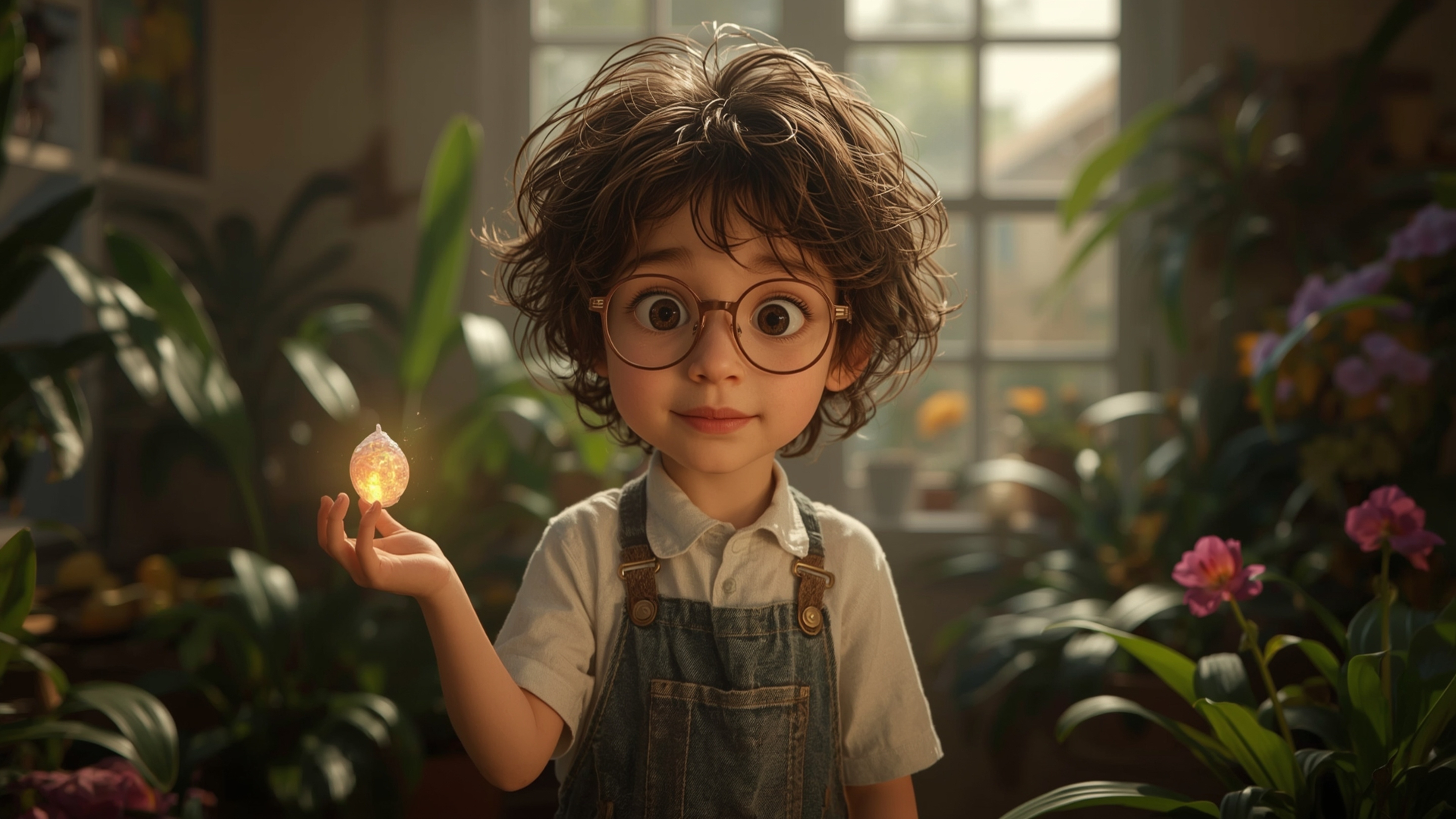 A highly detailed, high-resolution stock photo shows a bright-eyed, bespectacled young homeschooler with curly brown hair and